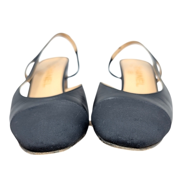 Chanel Slingback Pump Black Leather Grosgrain Classic CC Logo Heel 37 | 6.5